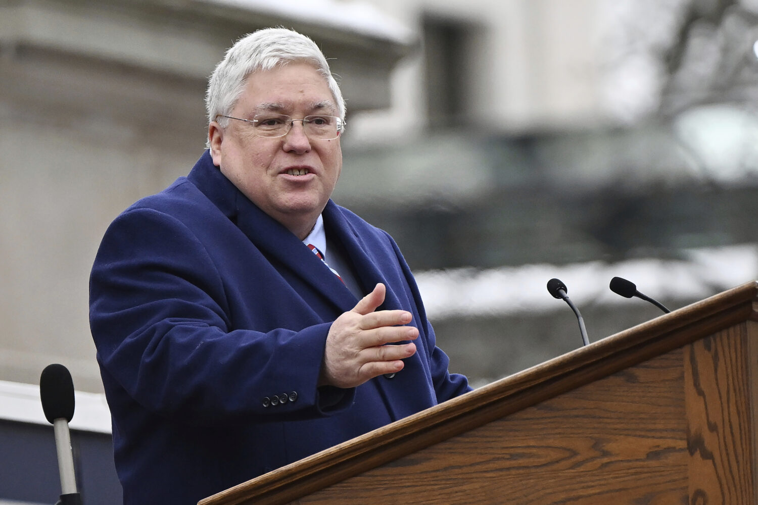 FILE - West Virginia Gov. Patrick Morrisey speaks at the state capitol in Charleston, W.Va., Jan. 1...