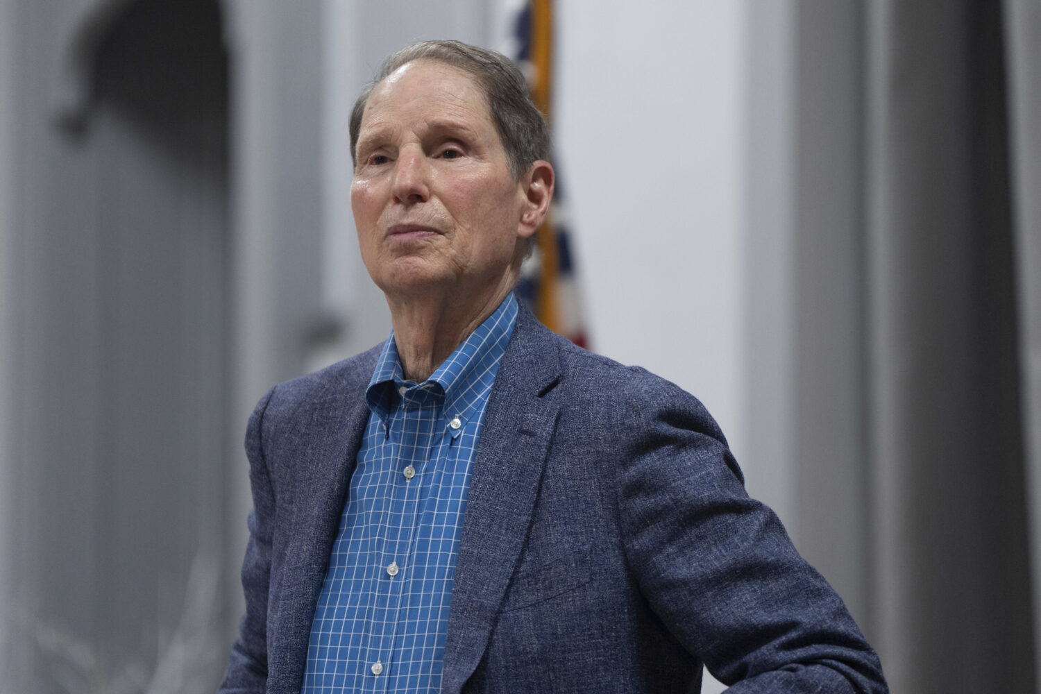 Sen. Ron Wyden, D-Ore., listens during a town hall meeting on Friday, July 25, 2025, in Wasco, Ore....