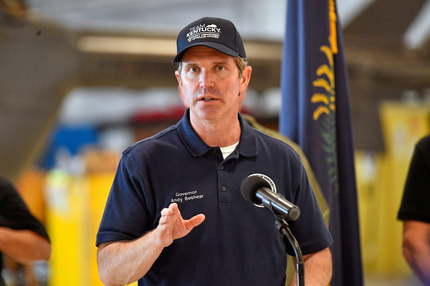 FILE - Gov. Andy Beshear addresses the media at the London Corbin Airport in London, Ky., May 17, 2...