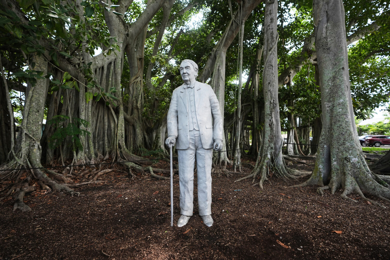 A sculpture of Thomas Edison stands at the entrance to the Edison and Ford Winter Estates, Saturday...