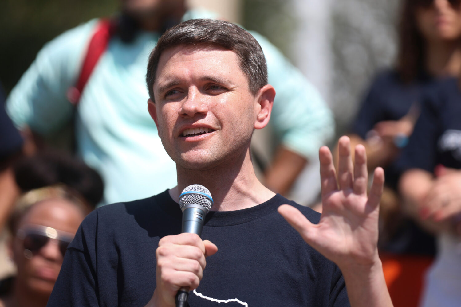 Texas Rep. James Talarico speaks at a rally, Saturday, Aug. 16, 2025, at Wrigley Square in Millenni...