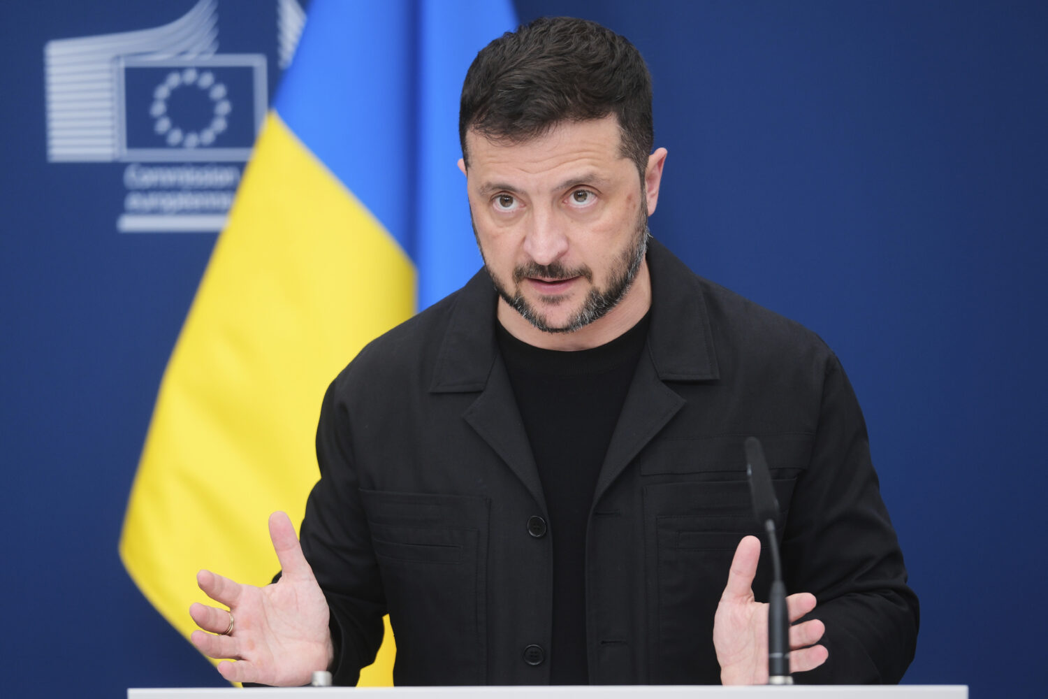 Ukraine's President Volodymyr Zelenskyy speaks during a media conference at EU headquarters in Brus...