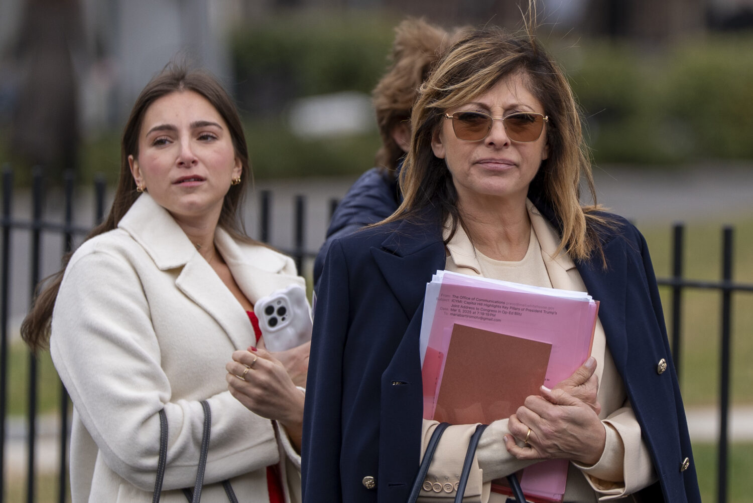 FILE - FOX Business Network anchor Maria Bartiromo, right, arrives at the White House, March 6, 202...