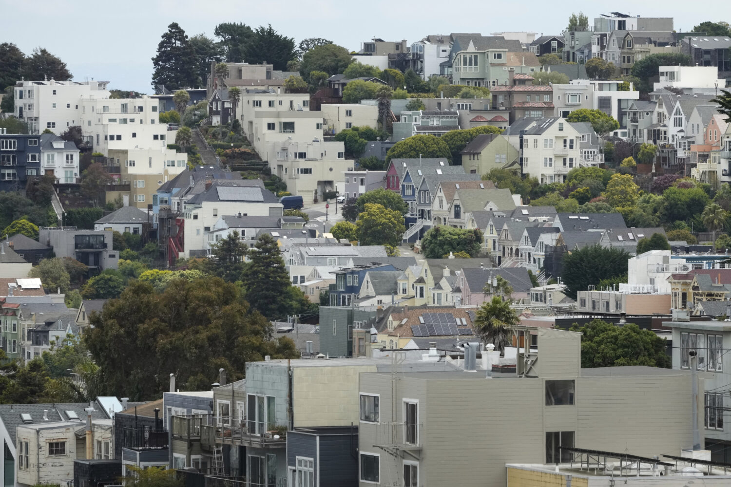 FILE - Homes and properties are shown in San Francisco on Friday, July 18, 2025. (AP Photo/Jeff Chi...