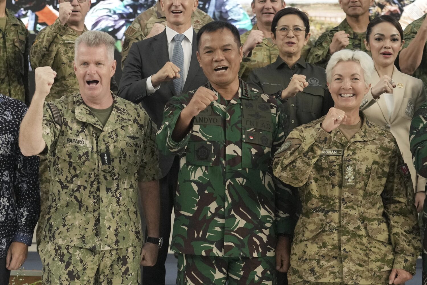 From left, Commander of US Indo-Pacific Command Adm. Samuel Paparo, Deputy Commander of the Indones...
