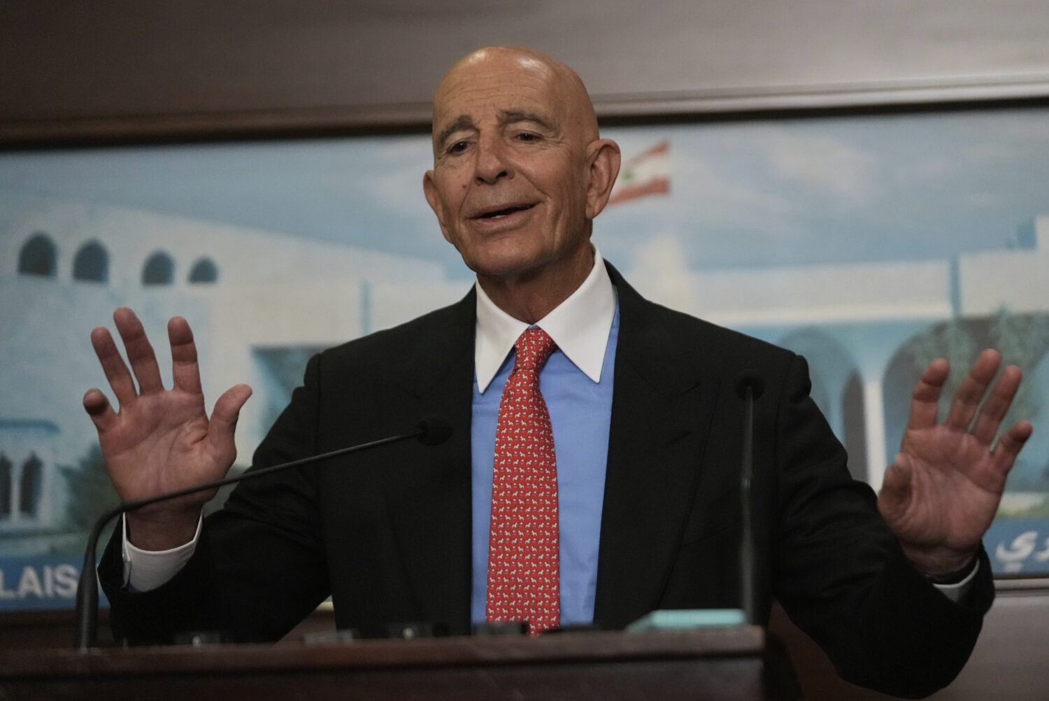 U.S. Ambassador to Turkey and Special Envoy to Syria Tom Barrack speaks during a press conference a...