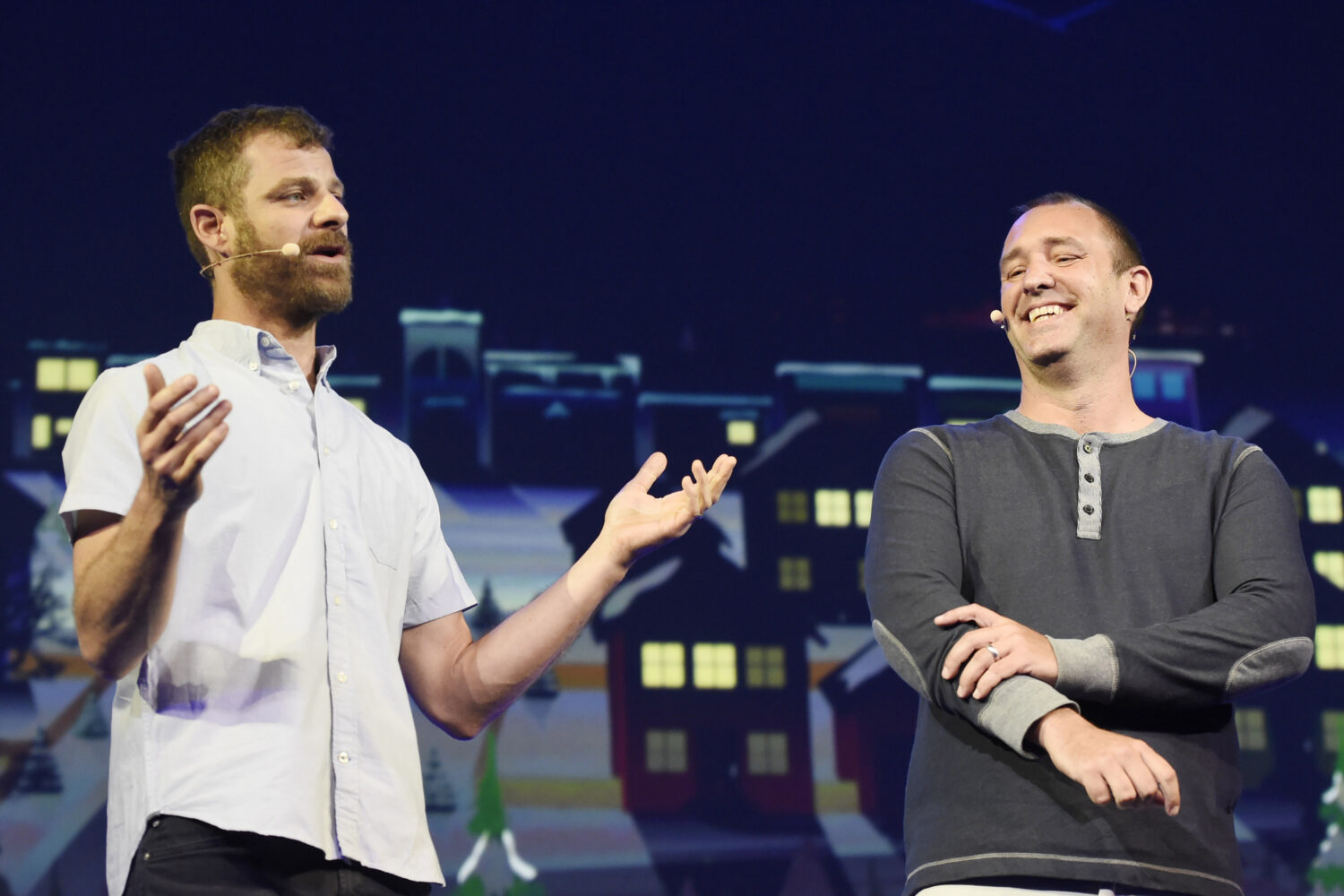 FILE - "South Park" creators Matt Stone, left, and Trey Parker speak at Ubisoft's E3 2015 Conferenc...