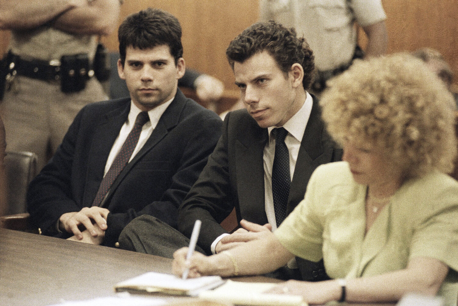 FILE - Lyle, left, and Erik Galen Menendez sit in a Beverly Hills, Calif., courtroom, May 14, 1990....