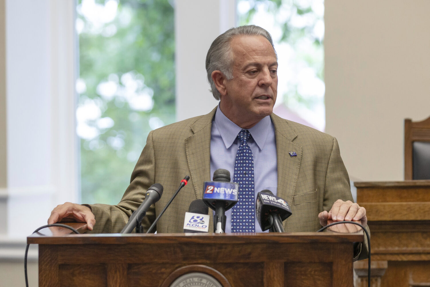 FILE - Nevada Gov. Joe Lombardo speaks at the old Assembly Chambers in Carson City, Nev., May 30, 2...