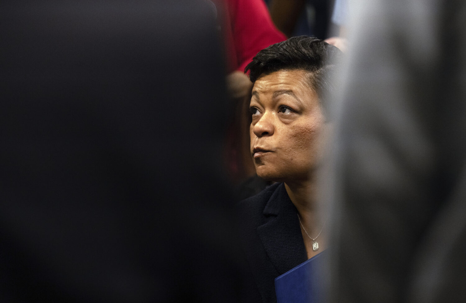 FILE - New Orleans Mayor LaToya Cantrell listens during a meeting after Hurricane Francine at New O...