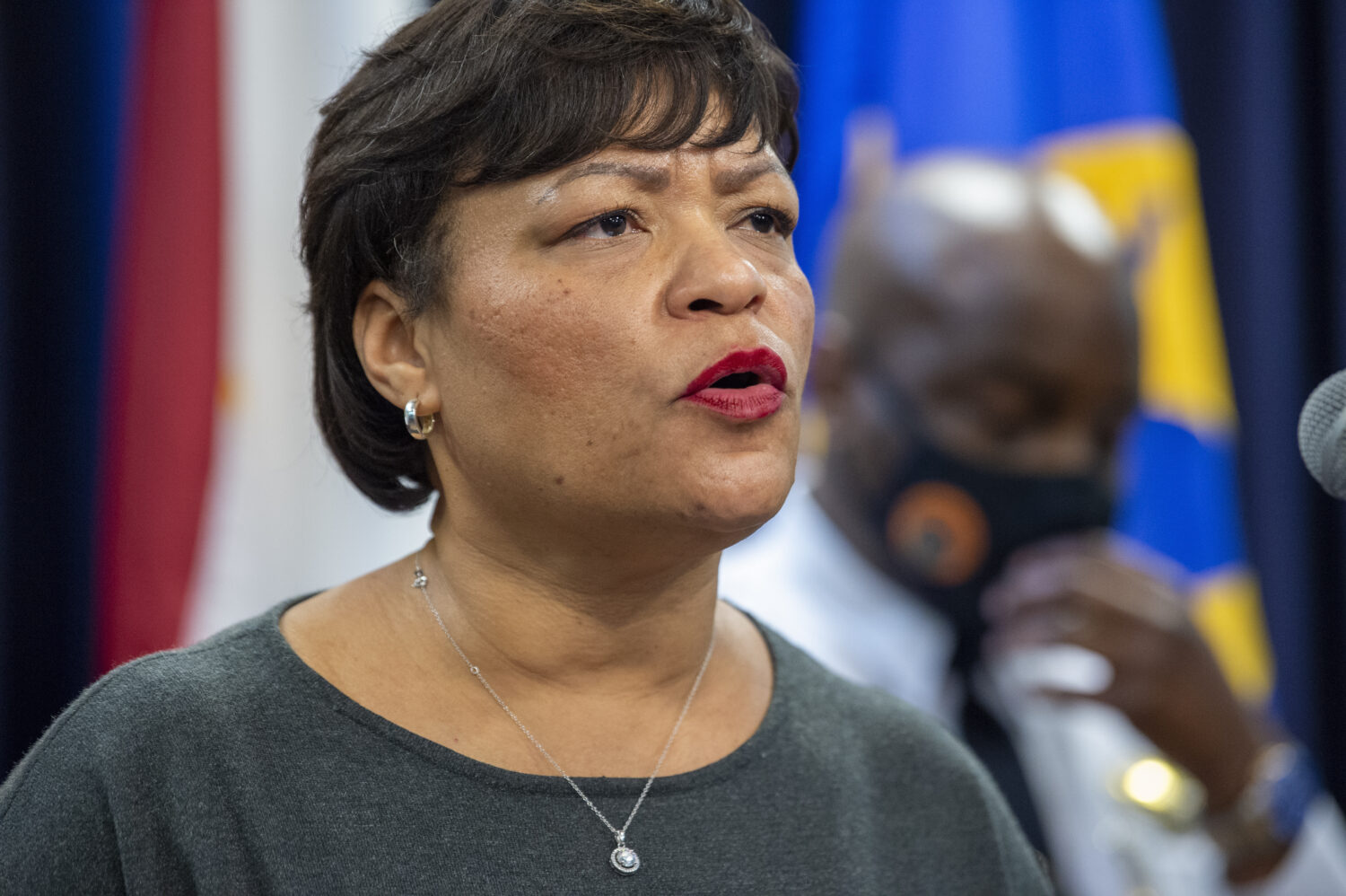 FILE - New Orleans Mayor LaToya Cantrell speaks at the police headquarters in New Orleans, Feb. 2, ...