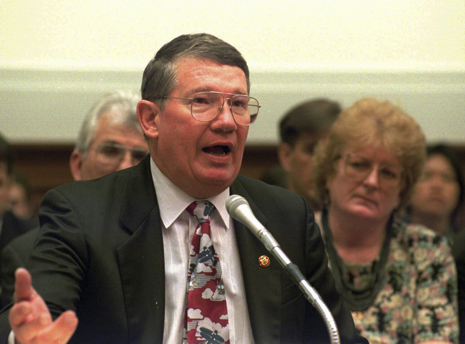 FILE - Rep. Randy "Duke" Cunningham R-Calif, gestures while testifying on Capitol Hill in Washingto...