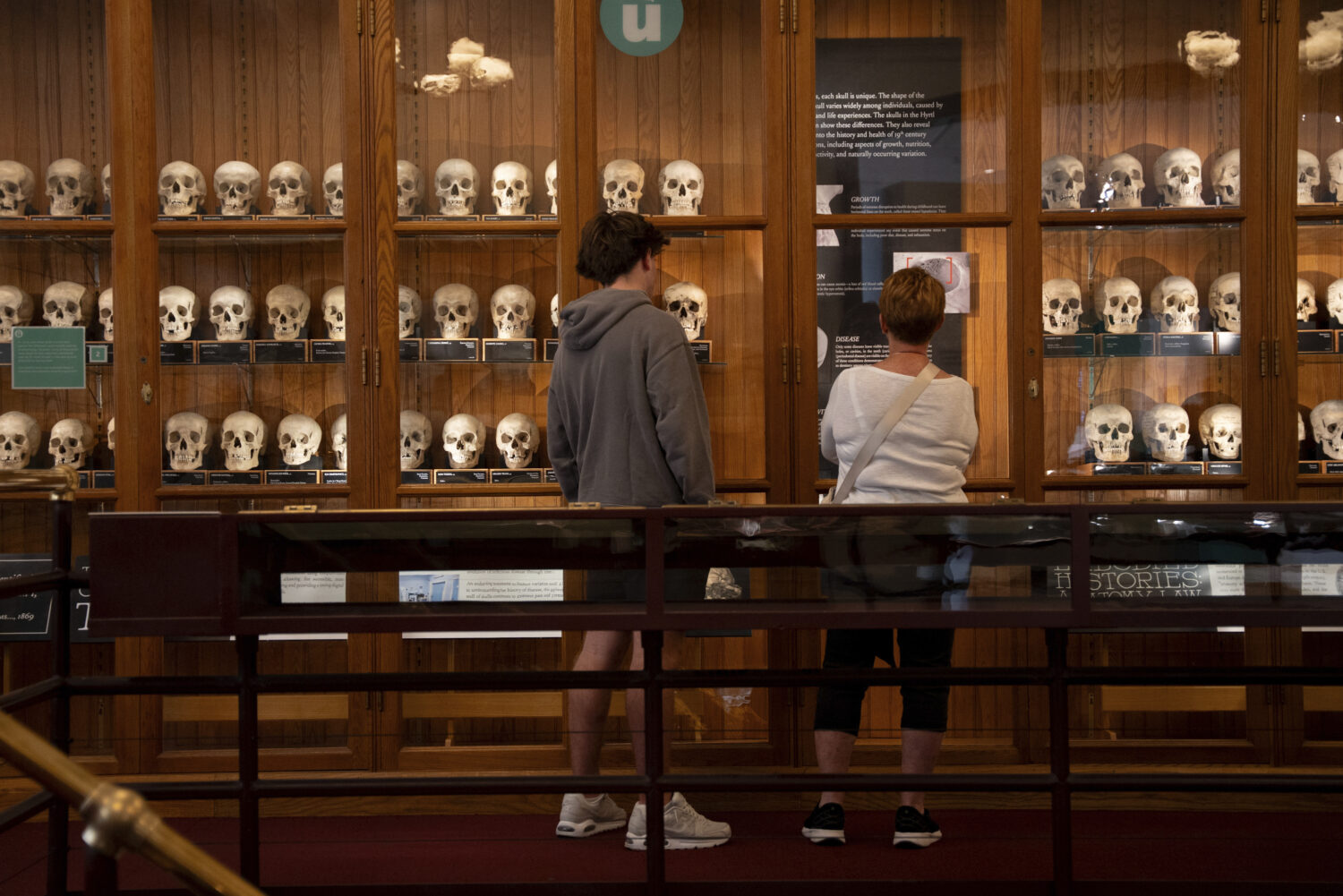 Milo Tivy, 16, and Shari Tivy, 75, look at a display of human skulls at the Mütter Museum on Thurs...
