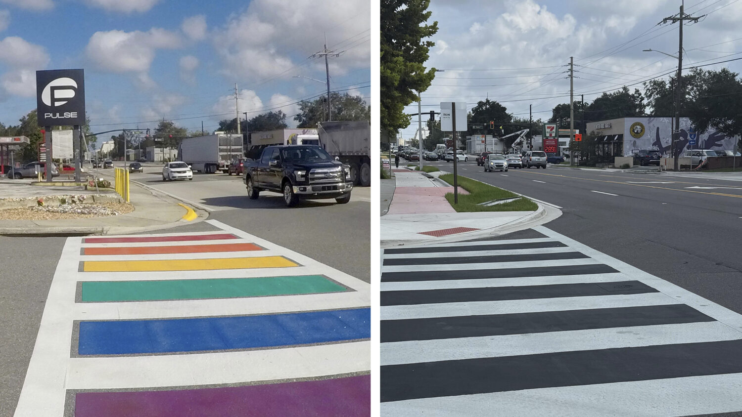This combination of photos shows a rainbow crosswalk that was removed overnight Thursday, Aug. 21, ...