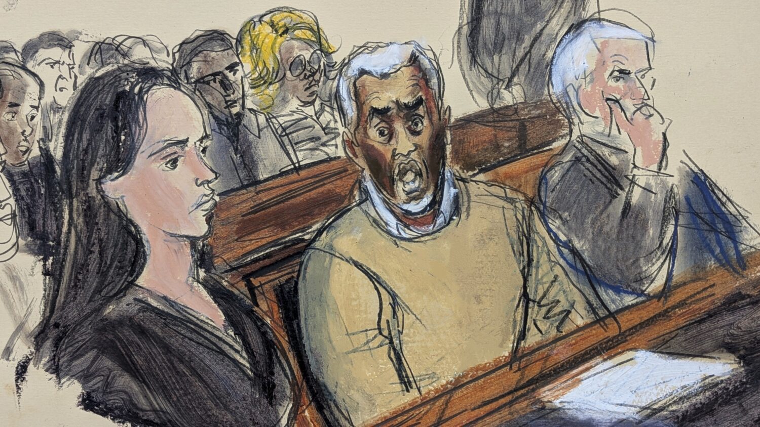 In this courtroom sketch, flanked by defense attorneys Teny Geragos, left, and Brian Steel, right, ...