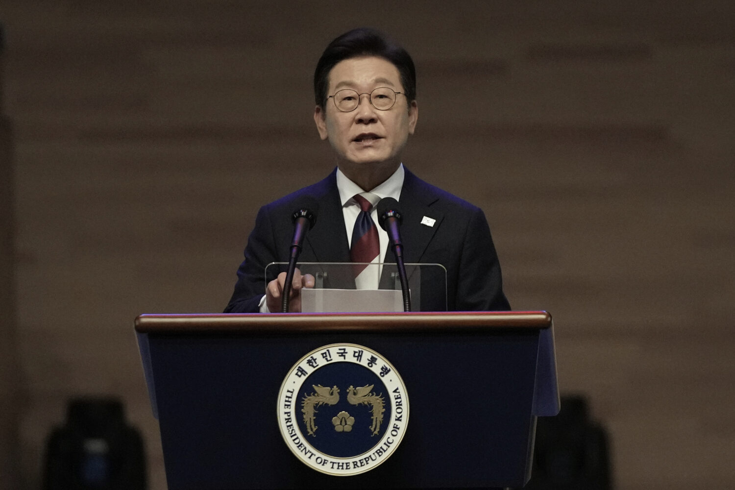FILE - South Korean President Lee Jae Myung speaks during a ceremony to celebrate the 80th annivers...