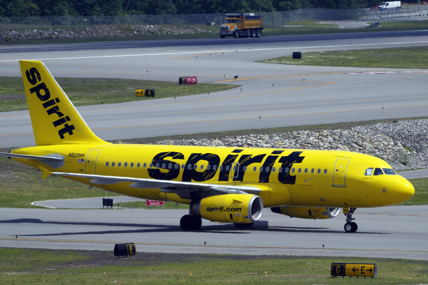 FILE - A Spirit Airlines 319 Airbus taxis at Manchester Boston Regional Airport, Friday, June 2, 20...