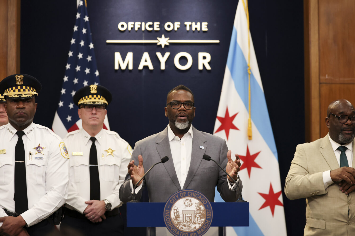FILE - Chicago Mayor Brandon Johnson answers questions during a news conference at City Hall, Jan. ...