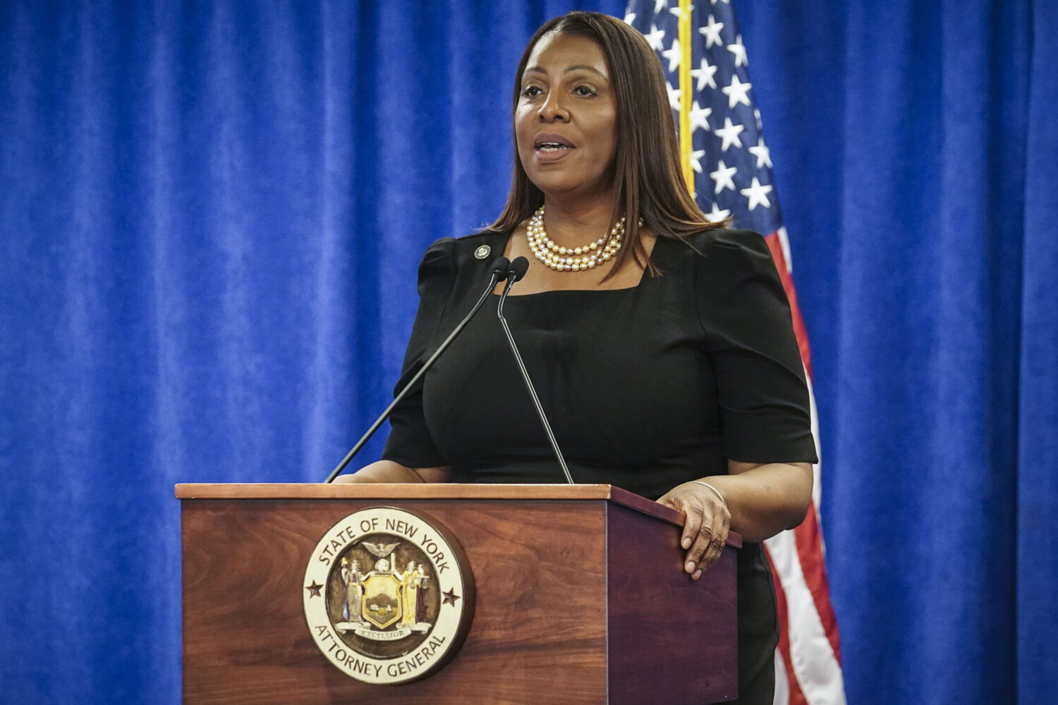 FILE - New York Attorney General Letitia James speaks Feb. 16, 2024, in New York. (AP Photo/Bebeto ...