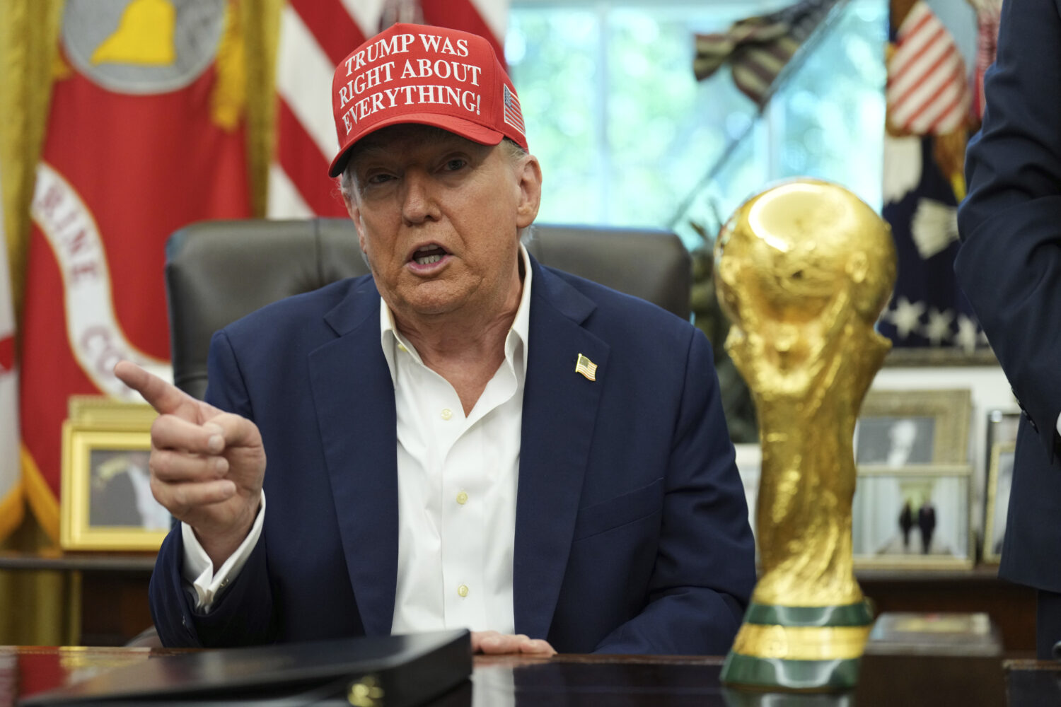President Donald Trump speaks in the Oval Office of the White House, Friday, Aug. 22, 2025, in Wash...