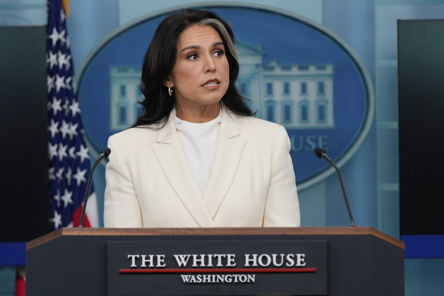 Director of National Intelligence Tulsi Gabbard speaks with reporters in the James Brady Press Brie...