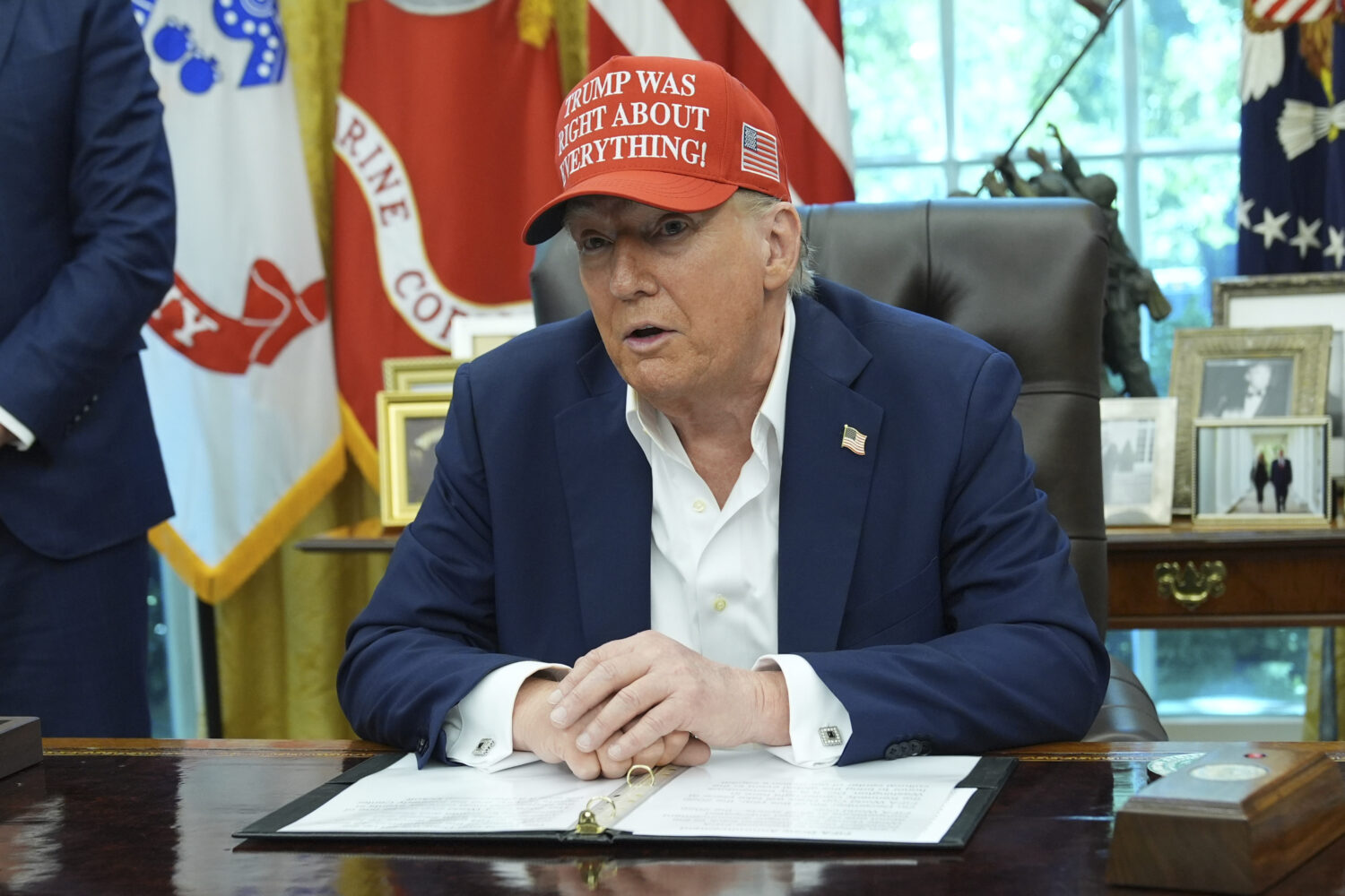 President Donald Trump speaks in the Oval Office of the White House, Friday, Aug. 22, 2025, in Wash...