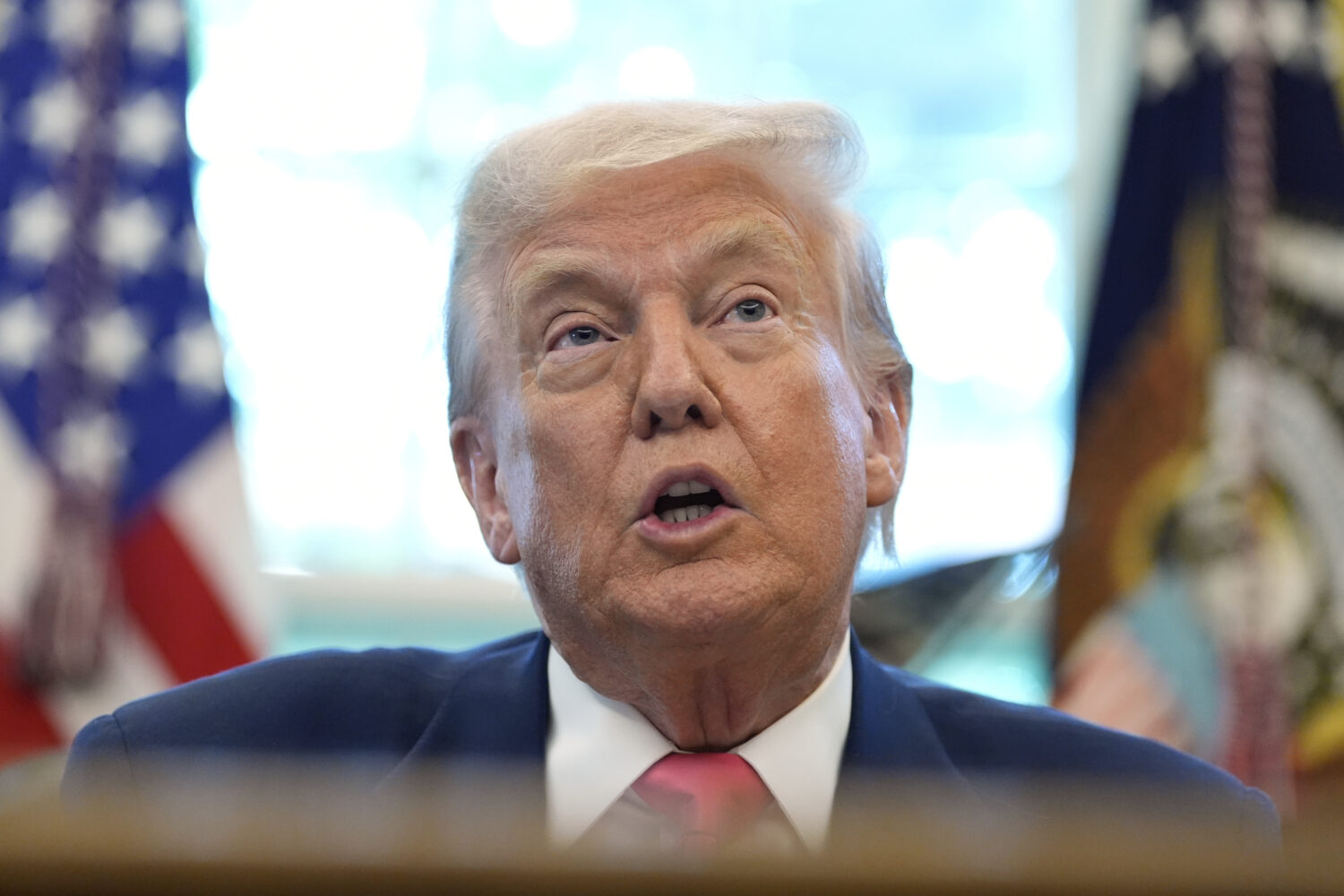 President Donald Trump speaks during an event in the Oval Office to mark the 90th anniversary of th...