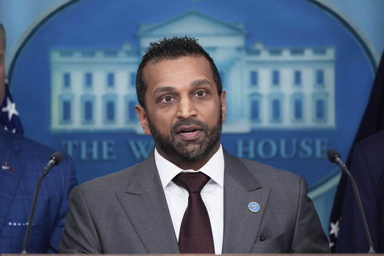 FBI Director Kash Patel speaks during a news conference with President Donald Trump in the James Br...