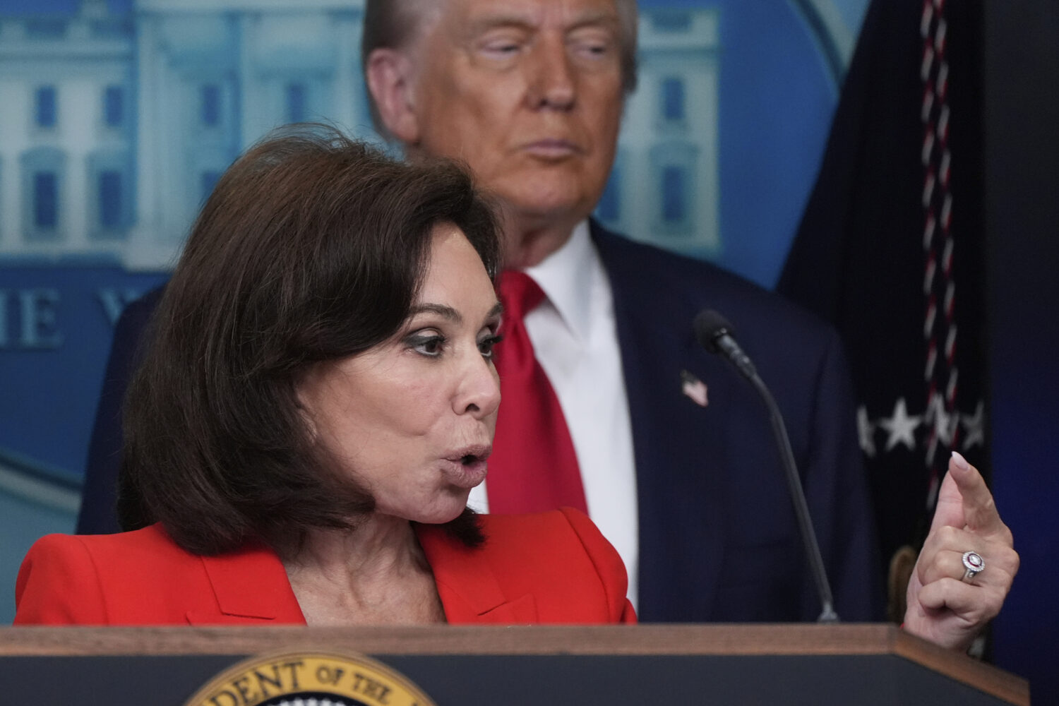 U.S. Attorney for the District of Columbia Jeanine Pirro speaks with reporters in the James Brady P...