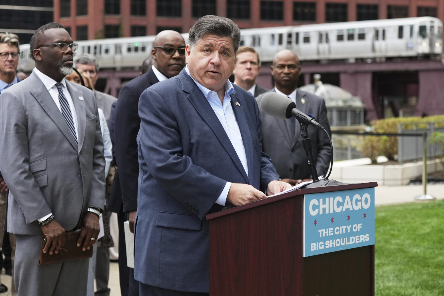 Illinois Governor JB Pritzker speaks during a news conference at River Point Park, Monday, Aug. 25,...