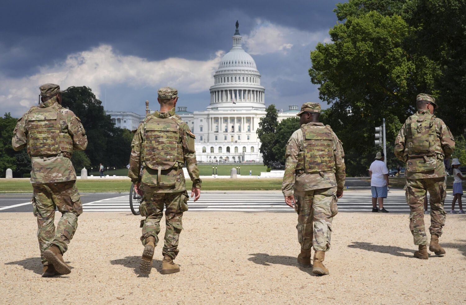District of Columbia National Guard soldiers patrol on the National Mall, Thursday, August 14, 2025...
