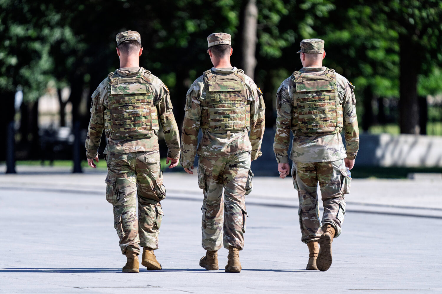 West Virginia National Guard soldiers patrol near the Lincoln Memorial on the National Mall in Wash...
