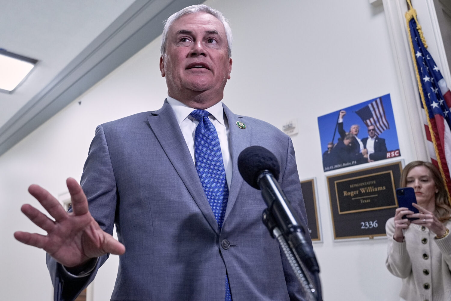 House Oversight Committee Chairman James Comer, R-Ky., speaks to reporters as he arrives for a depo...