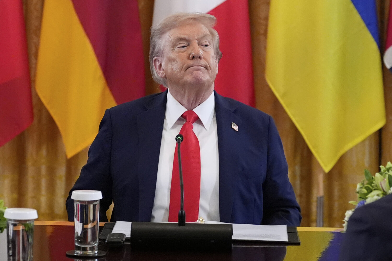 President Donald Trump participates in a meeting with Ukrainian President Volodymyr Zelenskyy and E...