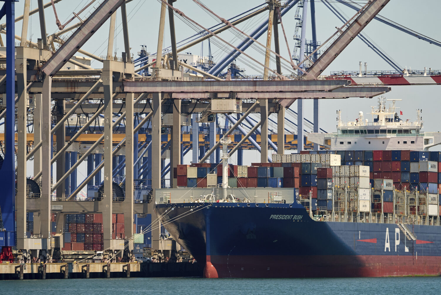 The President Bush, a container vessel operating under the American President Lines (APL) fleet, is...