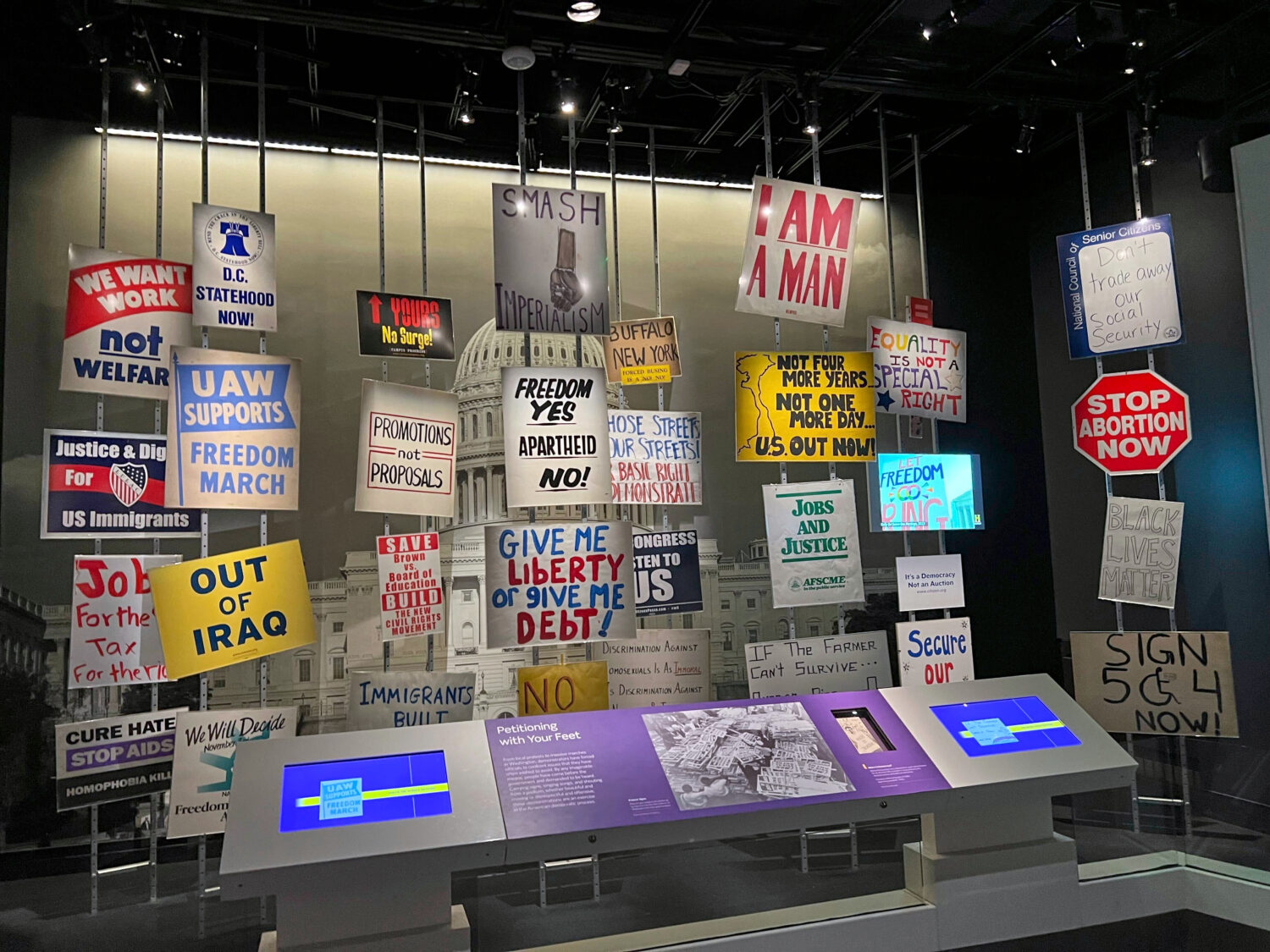 Protest signs from a selection of historic demonstrations are displayed at the Smithsonian’s Nati...