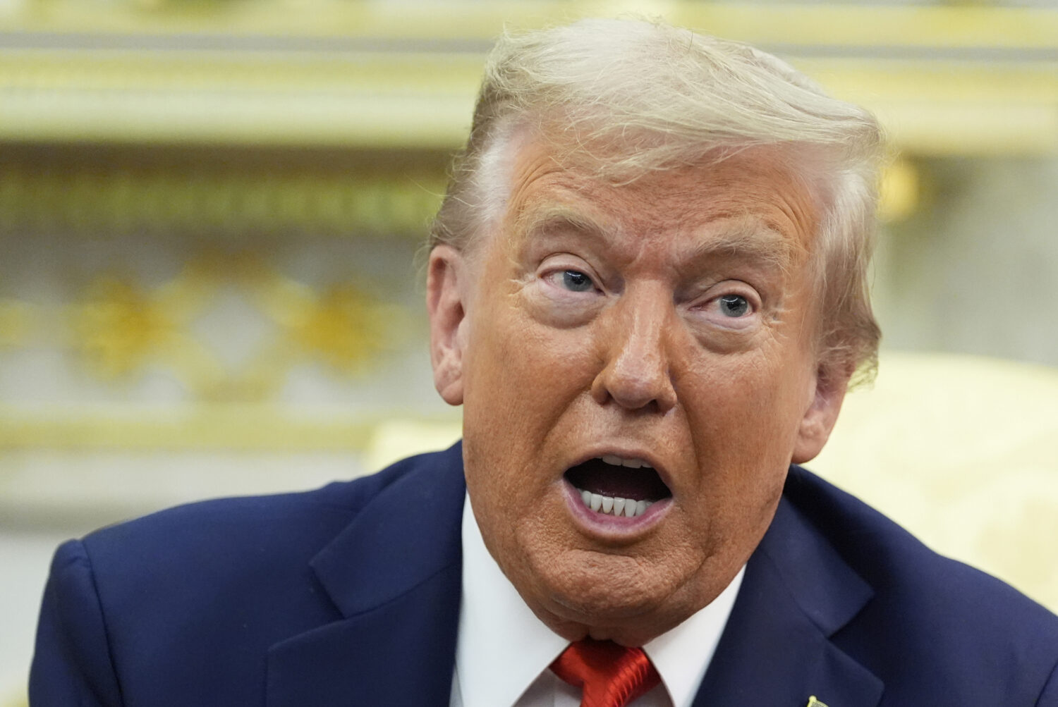 President Donald Trump speaks during a meeting with South Korean President Lee Jae Myung in the Ova...