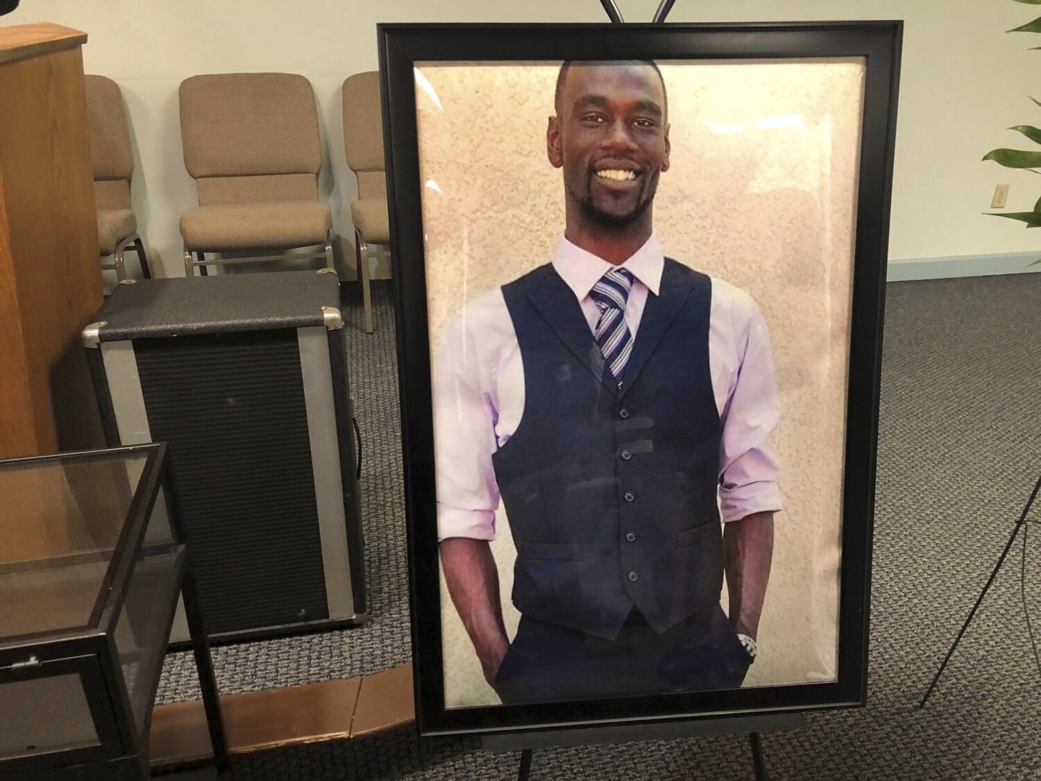 FILE - A portrait of Tyre Nichols is displayed at a memorial service for him on Tuesday, Jan. 17, 2...