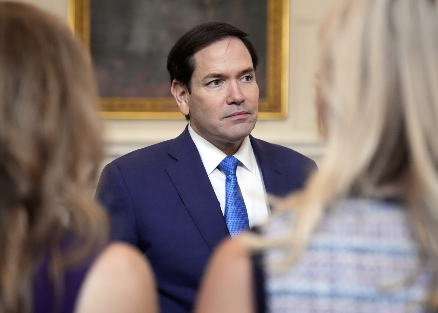 Secretary of State Marco Rubio arrives before a trilateral signing with Azerbaijan's President Ilha...