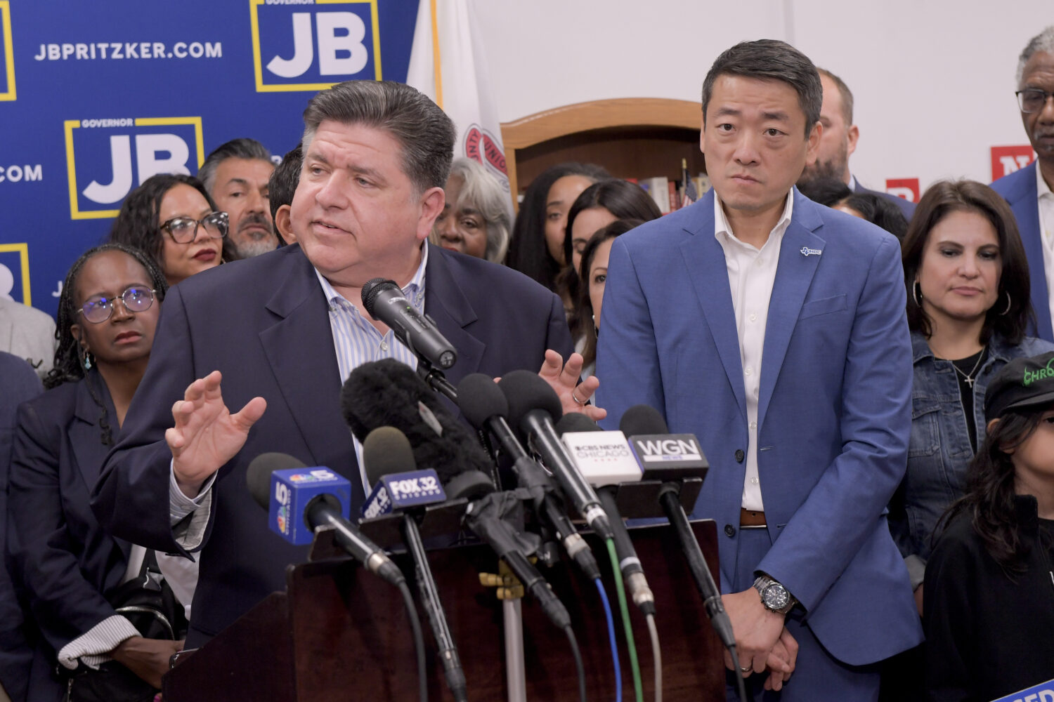 Texas House Democrats join Illinois Governor JB Pritzker speaks about the Texas Republican plans to...