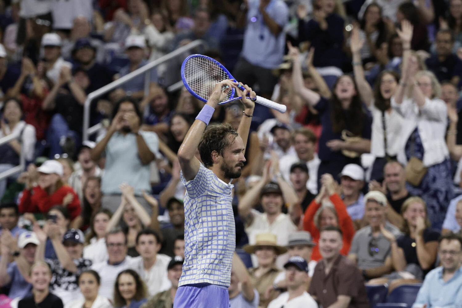 Daniil Medvedev, of Russia, reacts during a match against Benjamin Bonzi, of France, in the first-r...