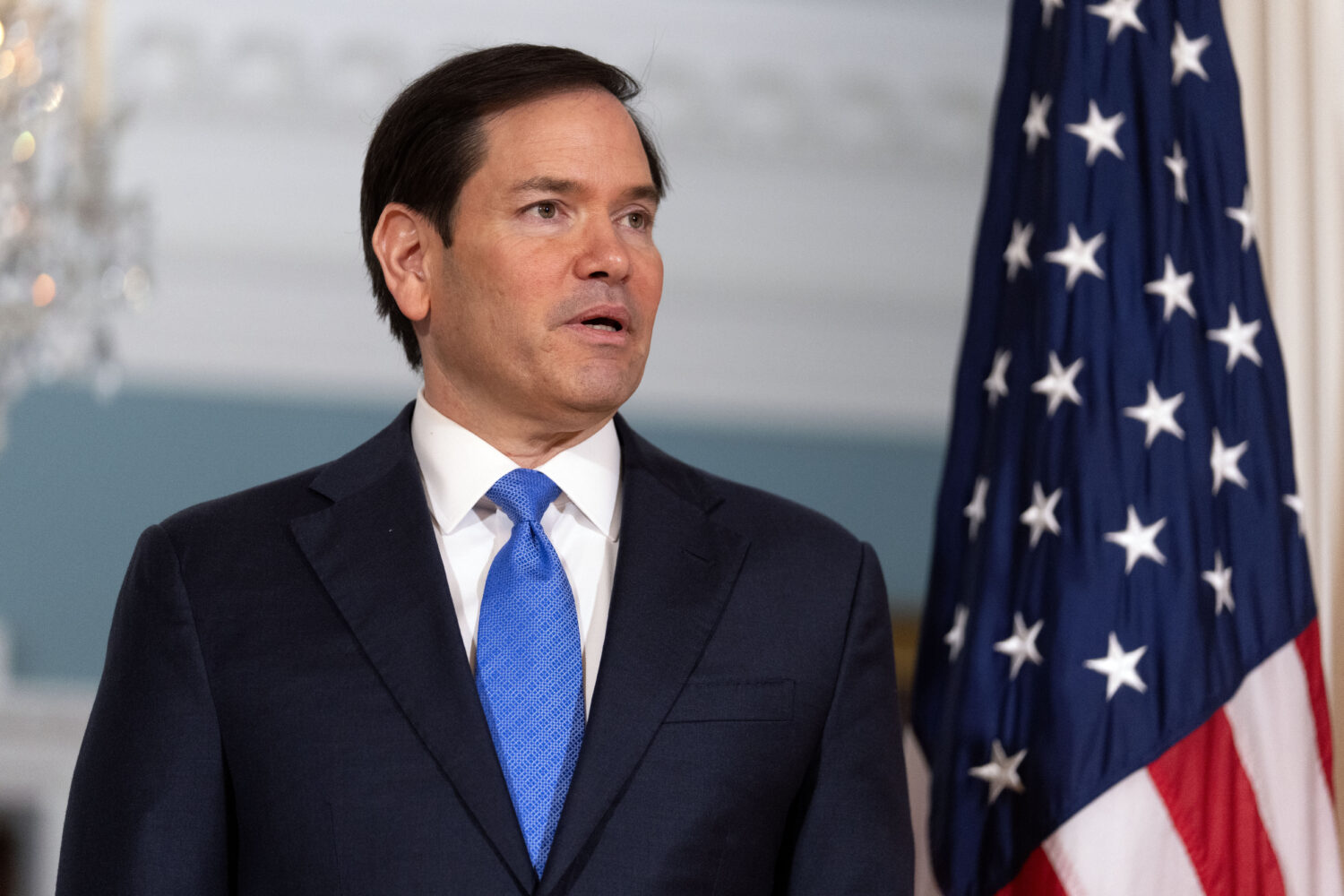 Secretary of State Marco Rubio answers a reporter's question ahead of a meeting with Serbian Foreig...