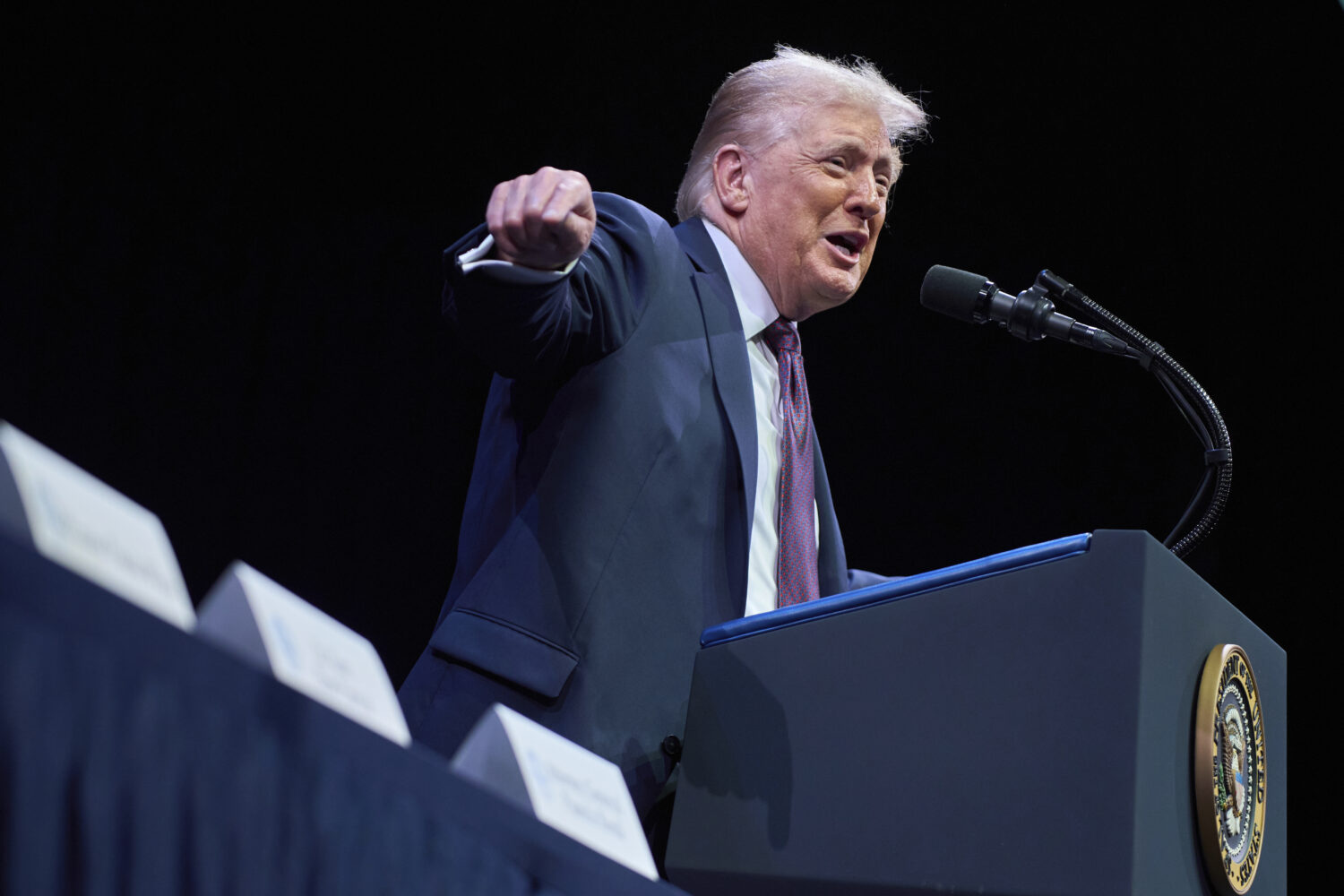 President Donald Trump speaks to the White House Religious Liberty Commission during an event at th...