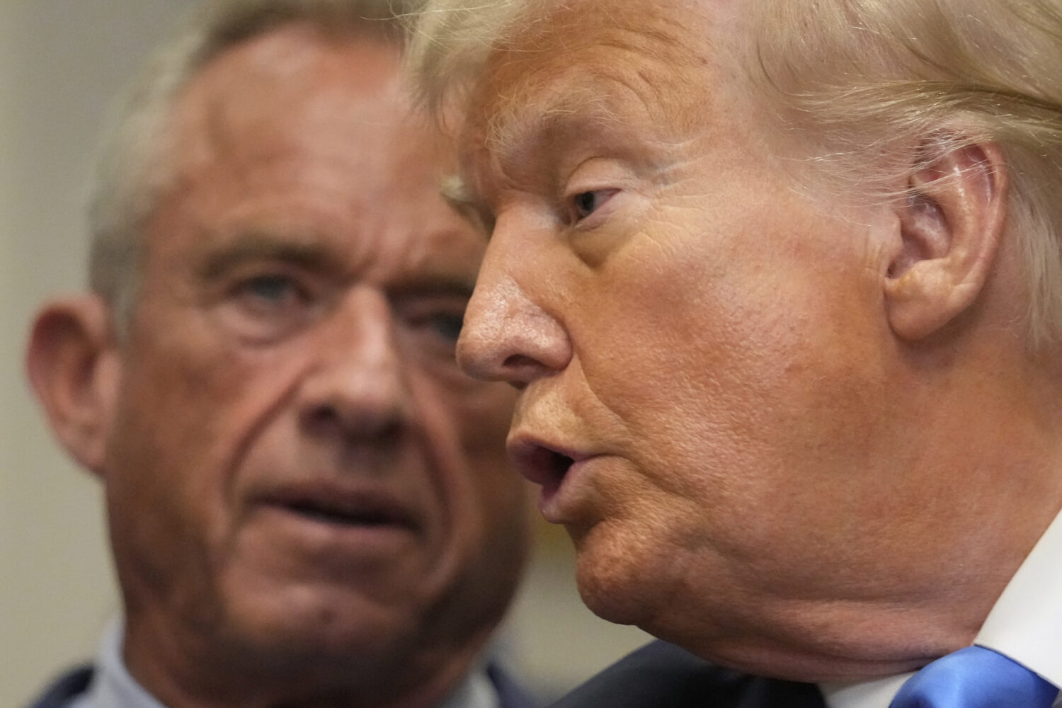 President Donald Trump speaks in the Roosevelt Room of the White House, Monday, Sept. 22, 2025, in ...