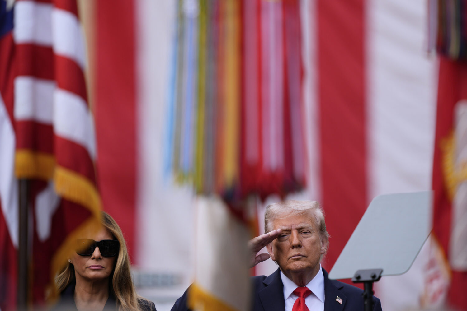 President Donald Trump and first lady Melania Trump attend a ceremony at the Pentagon to commemorat...