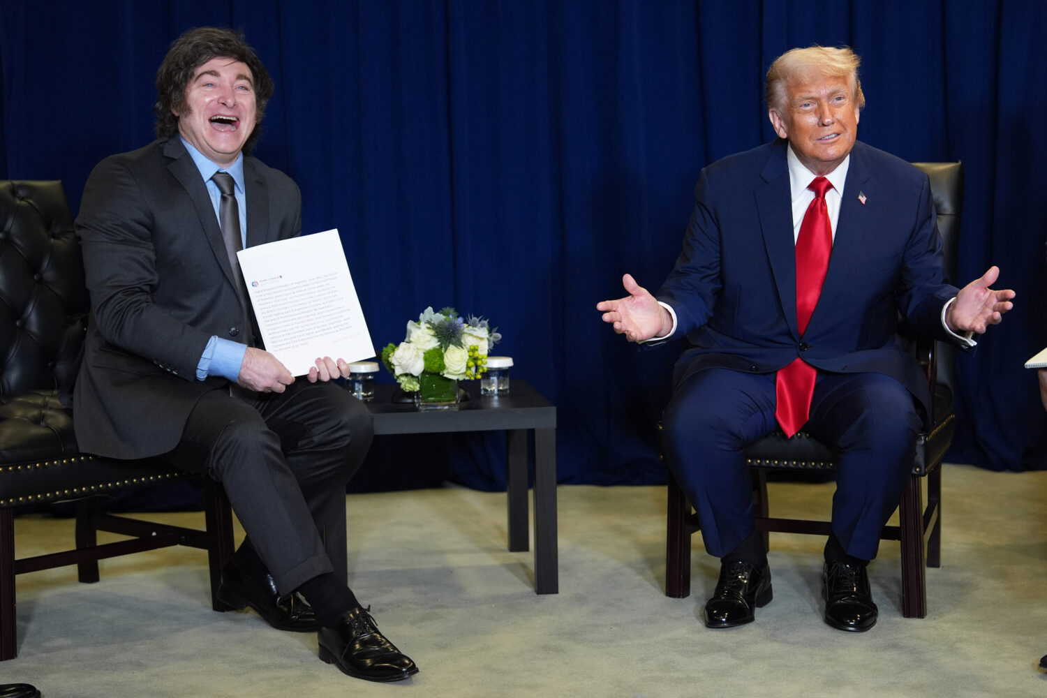 President Donald Trump meets with Argentine President Javier Milei during the United Nations Genera...