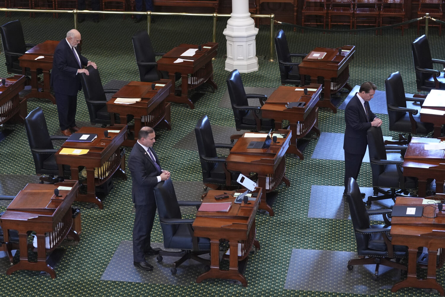 Texas state Sen. Robert Nichols, R-Jacksonville, left, Adam Hinojosa, R-Corpus Christi, center, and...