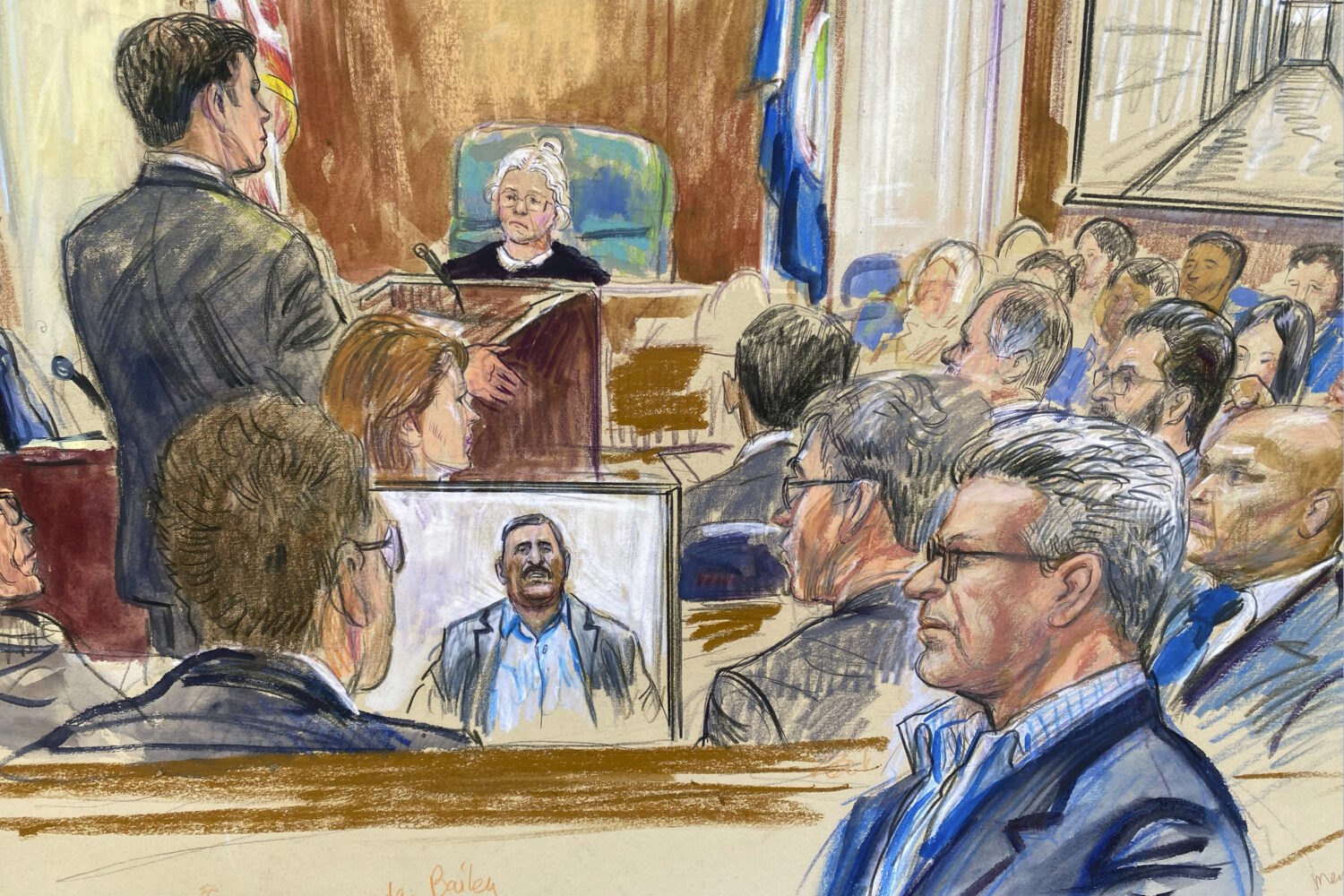 FILE - This artist sketch depicts Salah Al-Ejaili, foreground right with glasses, a former Al-Jazee...