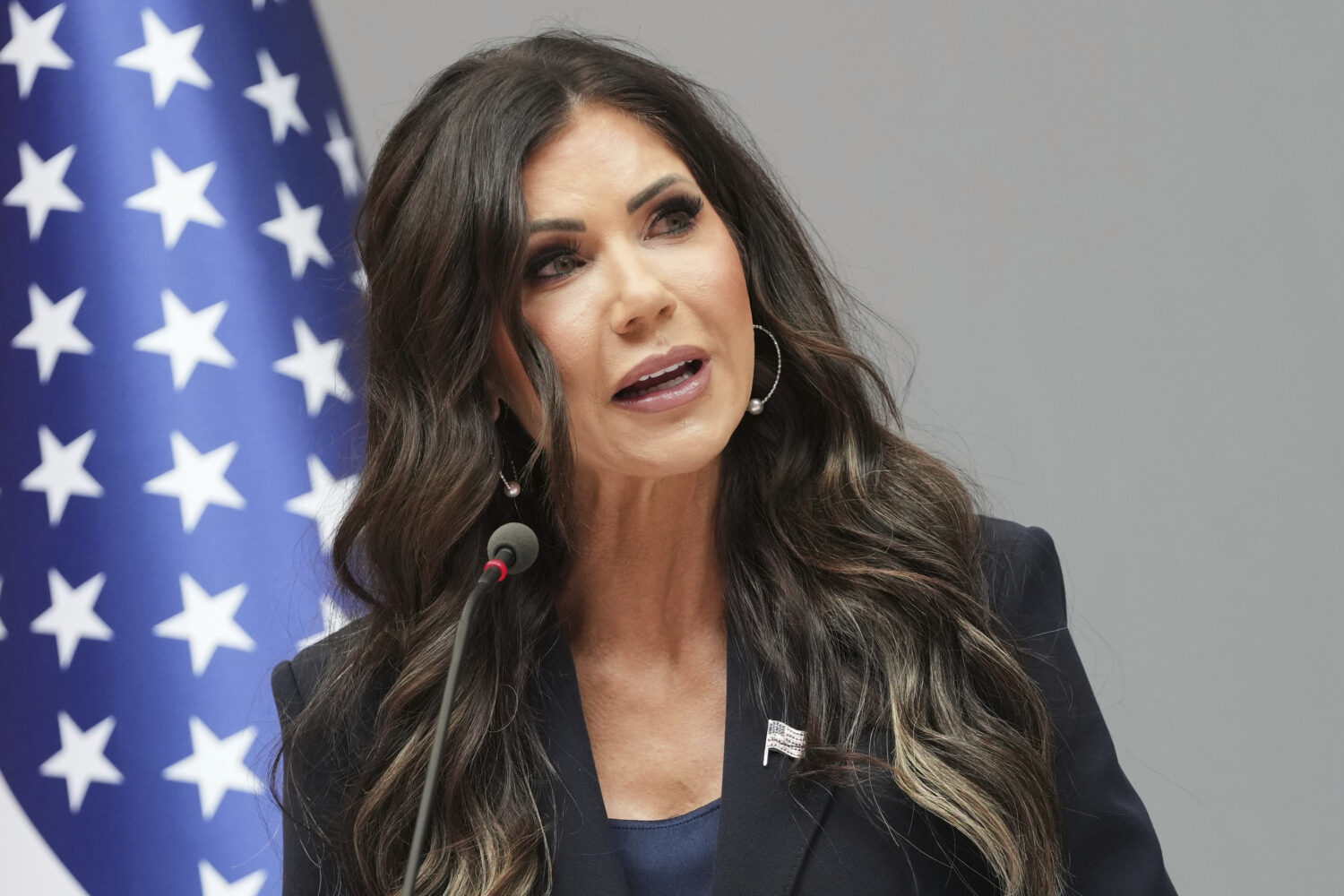 United States Secretary of Homeland Security Kristi Noem addresses the media during a visit to the ...