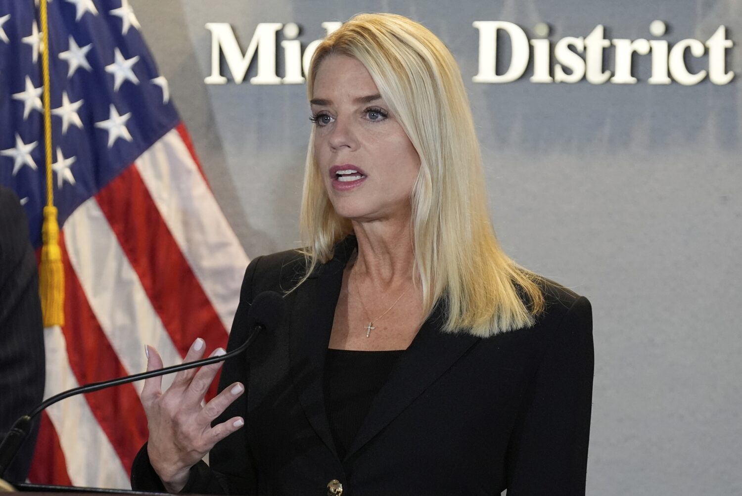Attorney General Pam Bondi speaks during a human smuggling news conference Thursday Sept. 4, 2025, ...